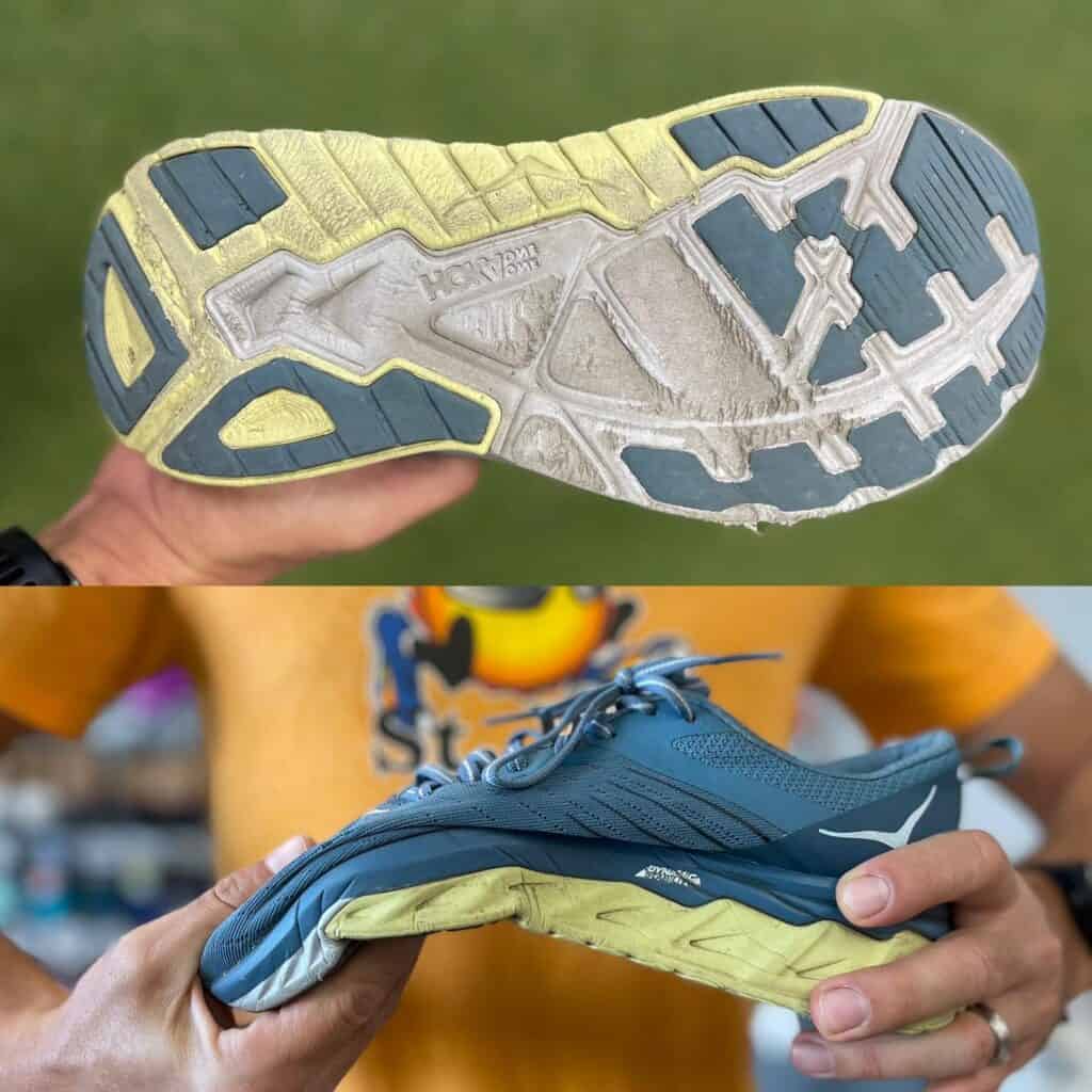 bottom  and sides of old running shoes